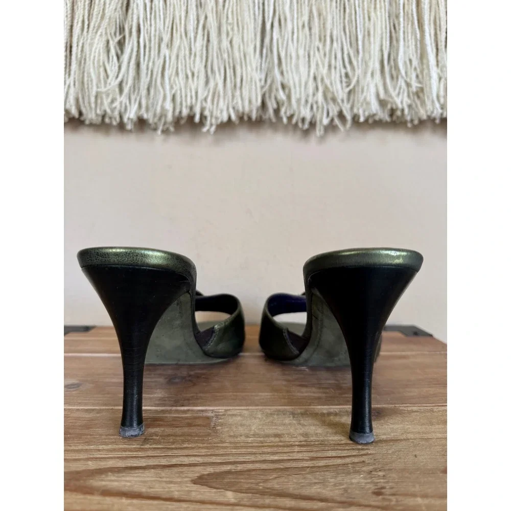 Vintage Couture DonaldJ. Pliner Green Leather Brass Buckle Slide Heels  Size 8.5